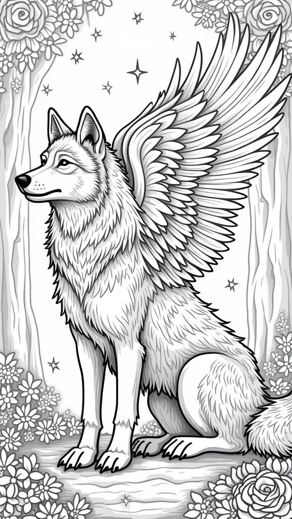 pages à colorier de loup avec des ailes